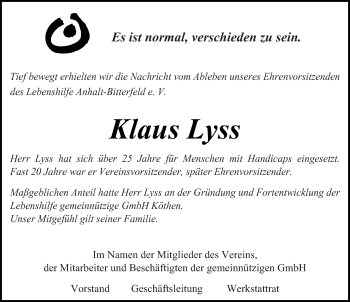 Traueranzeige von Klaus Lyss von Mitteldeutsche Zeitung Köthen