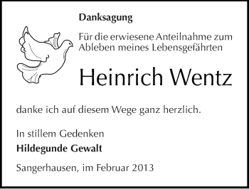 Traueranzeige von Heinrich Wentz von Mitteldeutsche Zeitung Sangerhausen