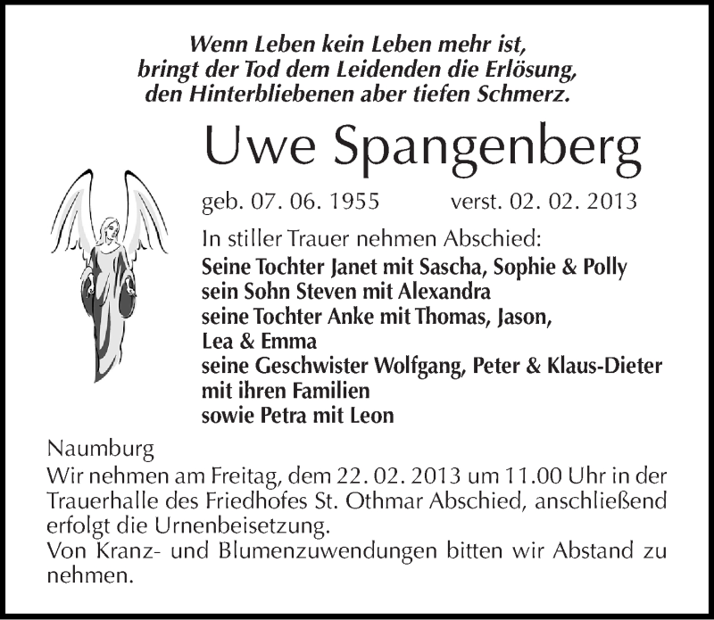  Traueranzeige für Uwe Spangenberg vom 09.02.2013 aus Mitteldeutsche Zeitung Naumburg/Nebra