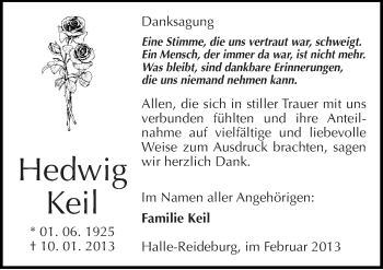Traueranzeige von Hedwig Keil von Mitteldeutsche Zeitung Halle/Saalkreis