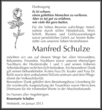 Traueranzeige von Manfred Schulze von Mitteldeutsche Zeitung Mansfelder Land