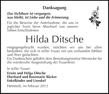 Traueranzeige von Hilda Ditsche von Mitteldeutsche Zeitung Mansfelder Land