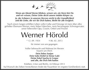 Traueranzeige von Werner Hörold von Mitteldeutsche Zeitung Mansfelder Land