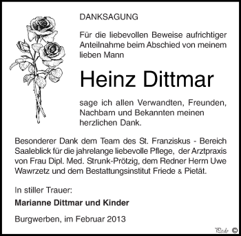 Traueranzeige von Heinz Dittmar von Mitteldeutsche Zeitung Weißenfels