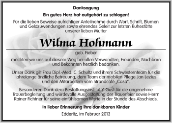 Traueranzeige von Wilma Hohmann von Mitteldeutsche Zeitung Köthen