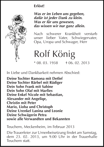 Traueranzeige von Rolf König von Mitteldeutsche Zeitung Weißenfels