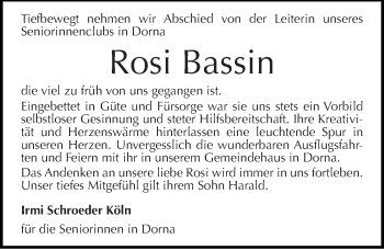 Traueranzeige von Rosi Bassin von Mitteldeutsche Zeitung Wittenberg