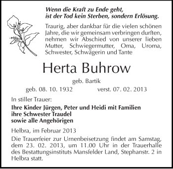 Traueranzeige von Herta Buhrow von Mitteldeutsche Zeitung Mansfelder Land