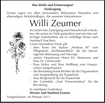 Traueranzeige von Willi Zeumer von Mitteldeutsche Zeitung Sangerhausen