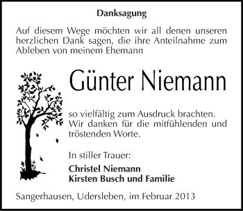 Traueranzeige von Günter Niemann von Mitteldeutsche Zeitung Sangerhausen