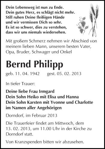 Traueranzeige von Bernd Philipp von Mitteldeutsche Zeitung Naumburg/Nebra