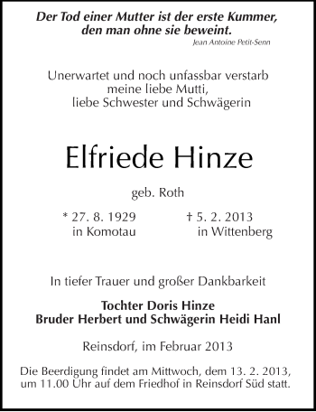 Traueranzeige von Elfriede Hinze von Mitteldeutsche Zeitung Wittenberg