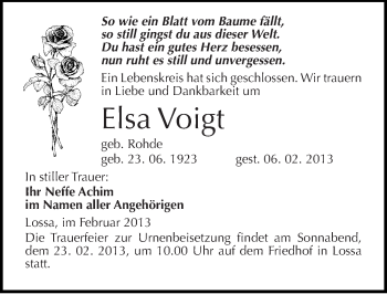 Traueranzeige von Elsa Voigt von Mitteldeutsche Zeitung Naumburg/Nebra
