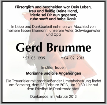 Traueranzeige von Gerd Brumme von Mitteldeutsche Zeitung Quedlinburg
