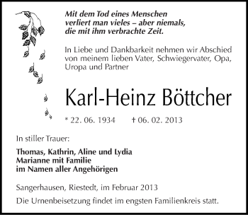 Traueranzeige von Karl-Heinz Böttcher von Mitteldeutsche Zeitung Sangerhausen