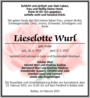 Traueranzeige von Lieselotte Wurl von Mitteldeutsche Zeitung Köthen