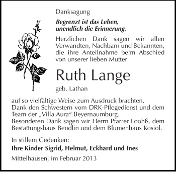 Traueranzeige von Ruth Lange von Mitteldeutsche Zeitung Sangerhausen