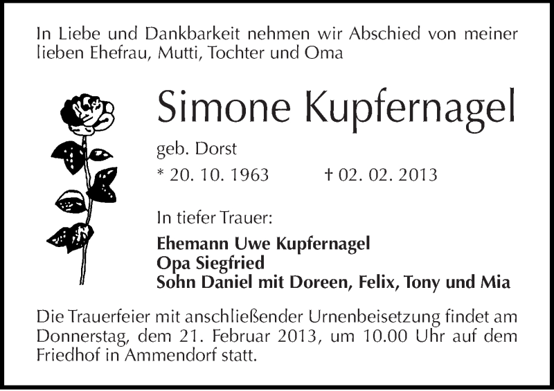  Traueranzeige für Simone Kupfernagel vom 09.02.2013 aus Mitteldeutsche Zeitung Halle/Saalkreis