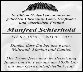 Traueranzeige von Manfred Schierhold von Mitteldeutsche Zeitung Halle/Saalkreis