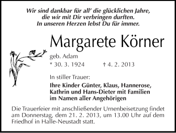 Traueranzeige von Margarete Körner von Mitteldeutsche Zeitung Halle/Saalkreis