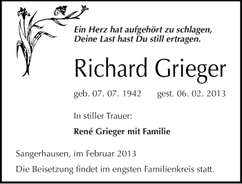 Traueranzeige von Richard Grieger von Mitteldeutsche Zeitung Sangerhausen
