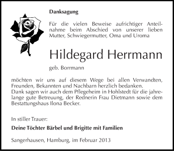 Traueranzeige von Hildegard Herrmann von Mitteldeutsche Zeitung Sangerhausen