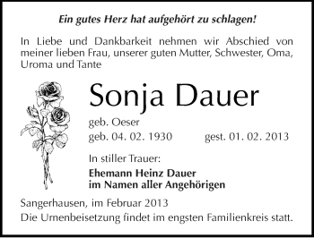 Traueranzeige von Sonja Dauer von Mitteldeutsche Zeitung Sangerhausen