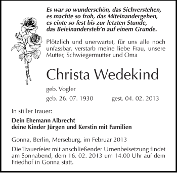 Traueranzeige von Christa Wedekind von Mitteldeutsche Zeitung Sangerhausen