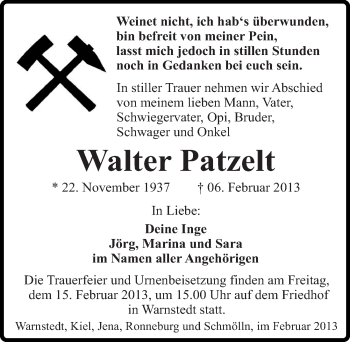 Traueranzeige von Walter Patzelt von Mitteldeutsche Zeitung Quedlinburg