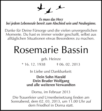 Traueranzeige von Rosemarie Bassin von Mitteldeutsche Zeitung Wittenberg