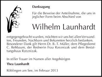 Traueranzeige von Wilhelm Launhardt von Mitteldeutsche Zeitung Mansfelder Land