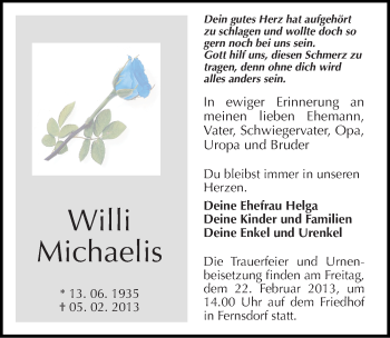 Traueranzeige von Willi Michaelis von Mitteldeutsche Zeitung Köthen