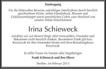 Traueranzeige von Irina Schieweck von Mitteldeutsche Zeitung Mansfelder Land