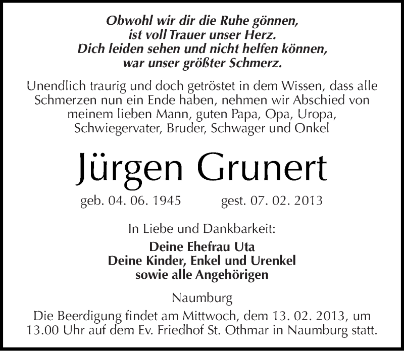  Traueranzeige für Jürgen Grunert vom 09.02.2013 aus Mitteldeutsche Zeitung Naumburg/Nebra
