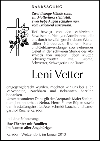 Traueranzeige von Leni Vetter von Mitteldeutsche Zeitung Naumburg/Nebra