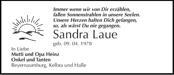 Traueranzeige von Sandra Laue von Mitteldeutsche Zeitung Sangerhausen