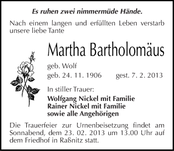 Traueranzeige von Martha Bartholomäus von Mitteldeutsche Zeitung Merseburg/Querfurt