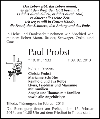 Traueranzeige von Paul Probst von Mitteldeutsche Zeitung Sangerhausen