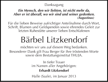 Traueranzeige von Bärbel Litzkendorf von Mitteldeutsche Zeitung Halle/Saalkreis