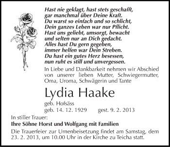 Traueranzeige von Lydia Haake von Mitteldeutsche Zeitung Halle/Saalkreis