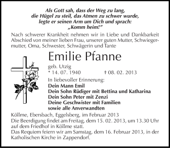 Traueranzeige von Emilie Pfanne von Mitteldeutsche Zeitung Halle/Saalkreis