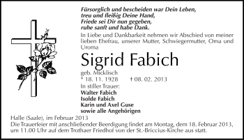 Traueranzeige von Sigrid Fabich von Mitteldeutsche Zeitung Halle/Saalkreis