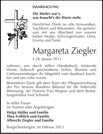 Traueranzeige von Margareta Ziegler von Mitteldeutsche Zeitung Naumburg/Nebra