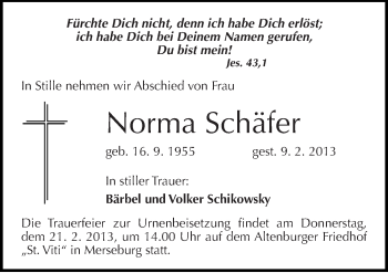 Traueranzeige von Norma Schäfer von Mitteldeutsche Zeitung Halle/Saalkreis