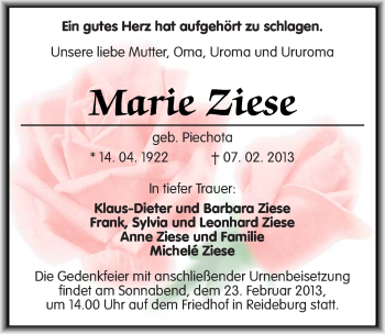 Traueranzeige von Marie Ziese von Mitteldeutsche Zeitung Halle/Saalkreis