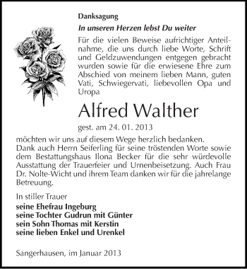 Traueranzeige von Alfred Walther von Mitteldeutsche Zeitung Sangerhausen