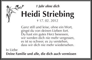 Traueranzeige von Heidi Striebing von Mitteldeutsche Zeitung Dessau-Roßlau