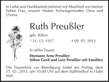 Traueranzeige von Ruth Preußler von Mitteldeutsche Zeitung Halle/Saalkreis