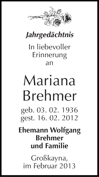 Traueranzeige von Mariana Brehmer von Mitteldeutsche Zeitung Merseburg/Querfurt