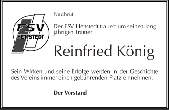 Traueranzeige von Reinfried König von Mitteldeutsche Zeitung Mansfelder Land